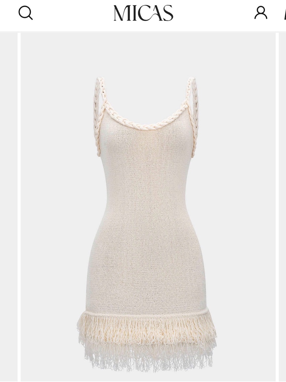 Micas Cream Braided-Strap Knit Slip Dress with Fringe